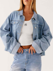 Button Down Cropped Oversized Denim Jacket — view 9