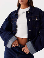 Button Down Cropped Oversized Denim Jacket — view 13