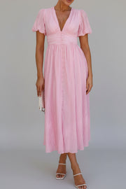 V-Neck Puff Short Sleeve Midi Dress - Effortless Elegance — view 13