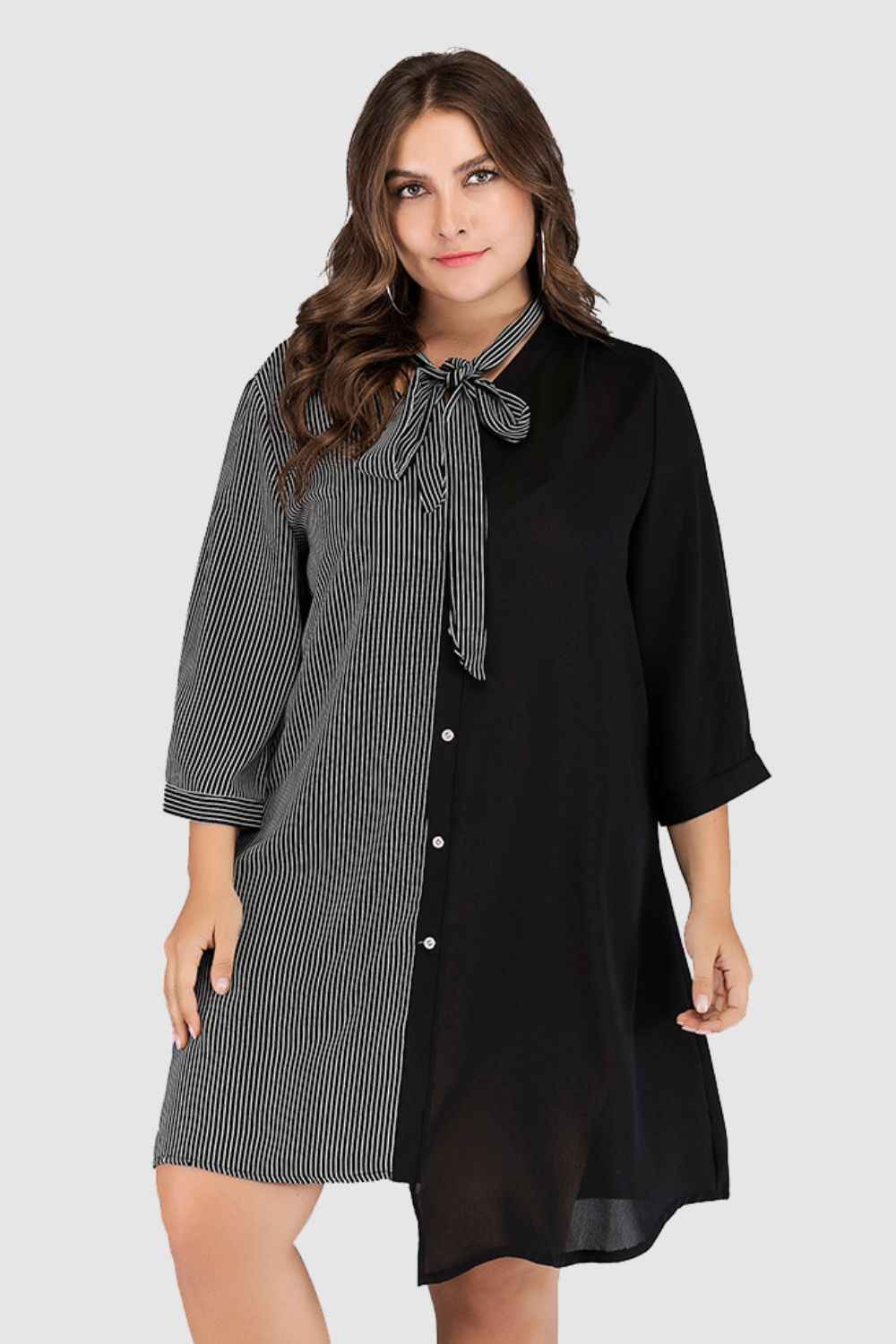 Striped Color Block Tie-Neck Dress — view 1