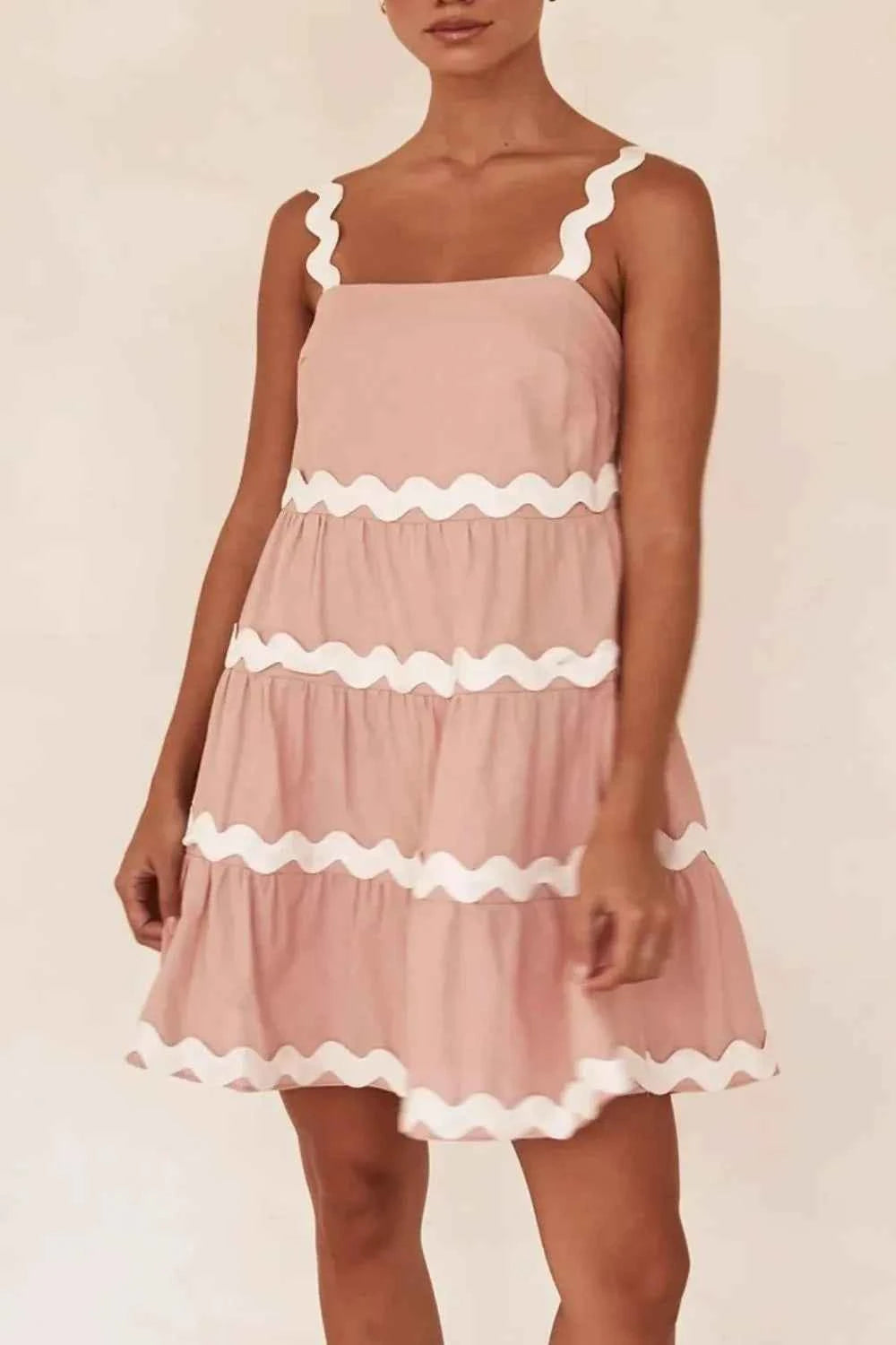 Contrast Trim Square Neck Tiered Dress