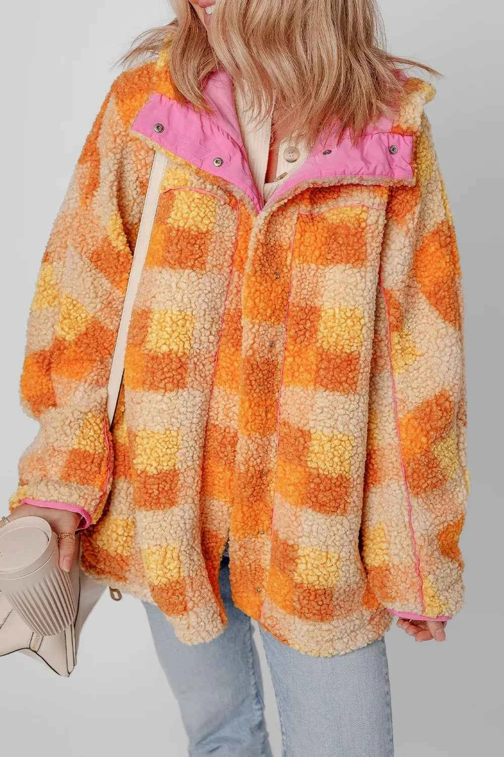 Checkered Long Sleeve Sherpa Hooded Jacket - Cozy & Stylish — view 1