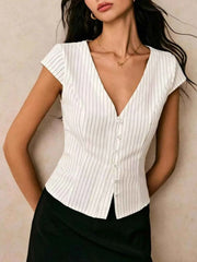 Effortless Elegance: Striped V-Neck Button-Down Shirt for Chic Casual Styles — view 1