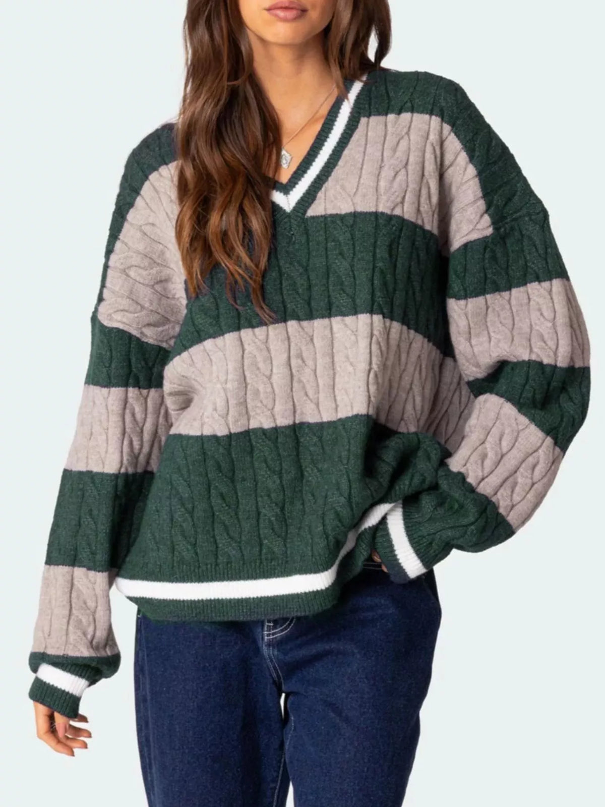 Striped Cable Knit V-Neck Sweater — view 13