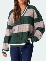 Striped Cable Knit V-Neck Sweater — view 13
