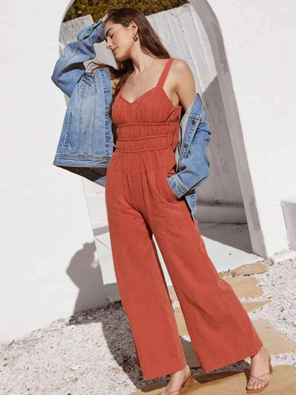 Perfee Ruched Wide Strap Jumpsuit with Pockets — view 3