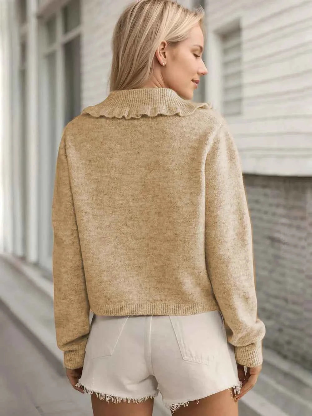 Button Up Long Sleeve Cardigan with Peter Pan Collar — view 2