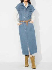 Slit Half Button Collared Neck Cap Sleeve Denim Dress — view 1