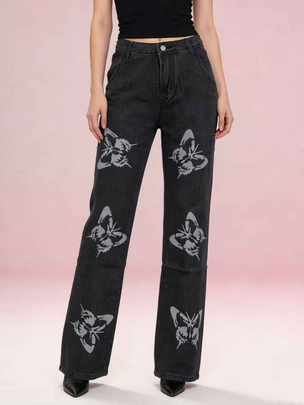 Butterfly Print High-Waisted Wide Leg Jeans — alternate view