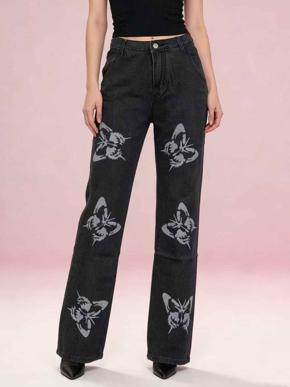 Butterfly Print High-Waisted Wide Leg Jeans — view 2
