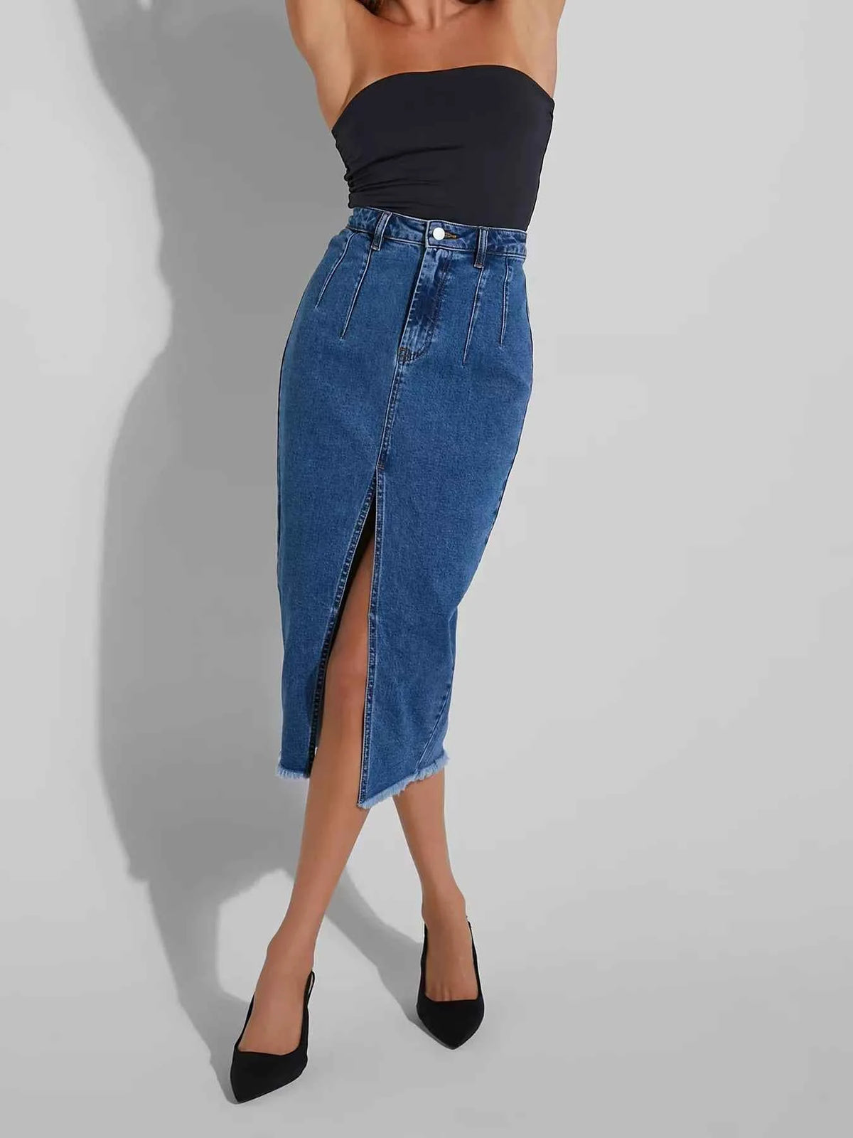 High-Waisted Slit Denim Skirt