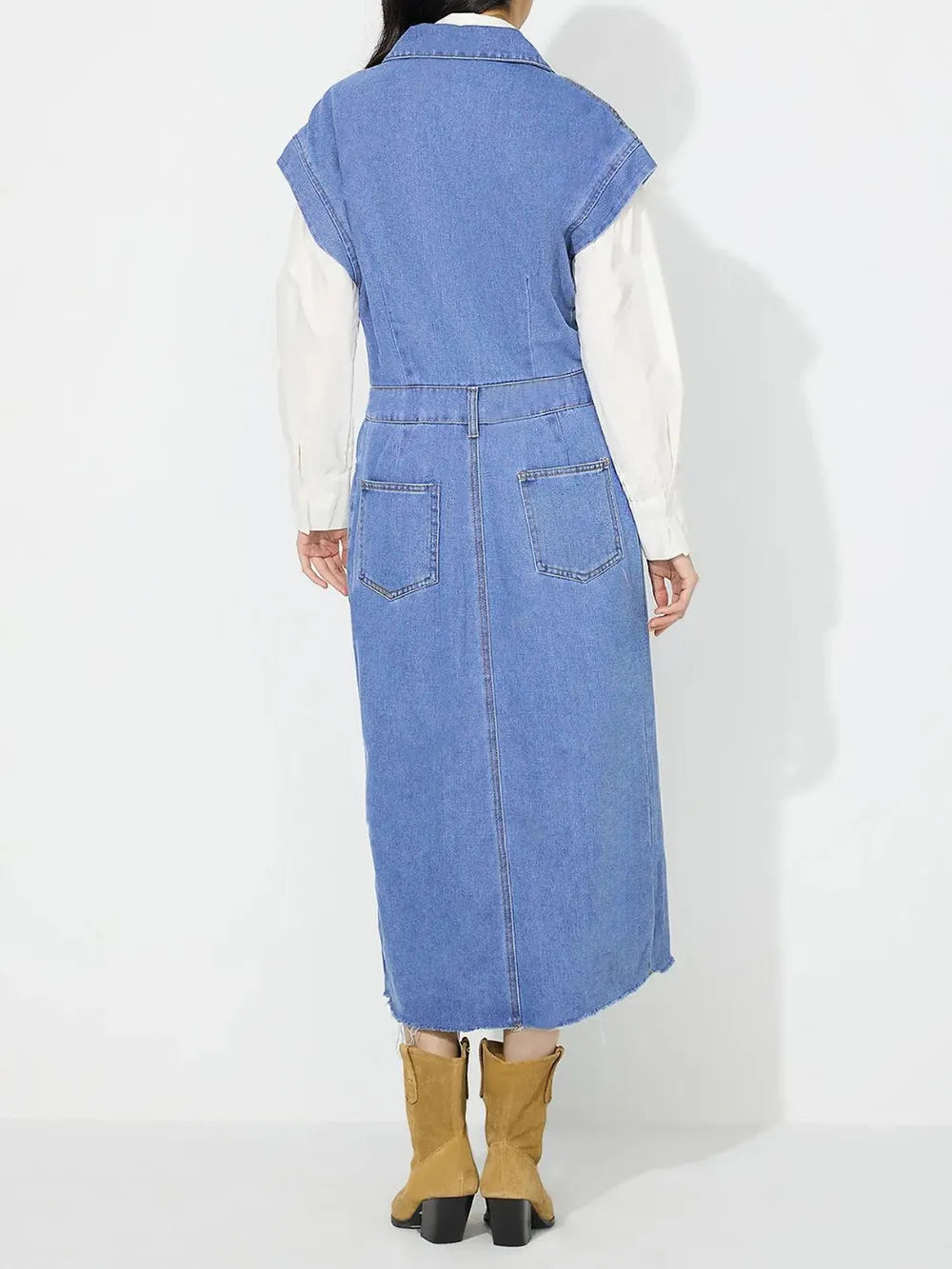 Slit Half Button Collared Neck Cap Sleeve Denim Dress — view 13