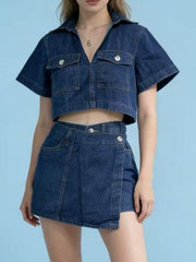 Short Sleeve Cropped Top and Skort Denim Set – Effortless Style — view 10