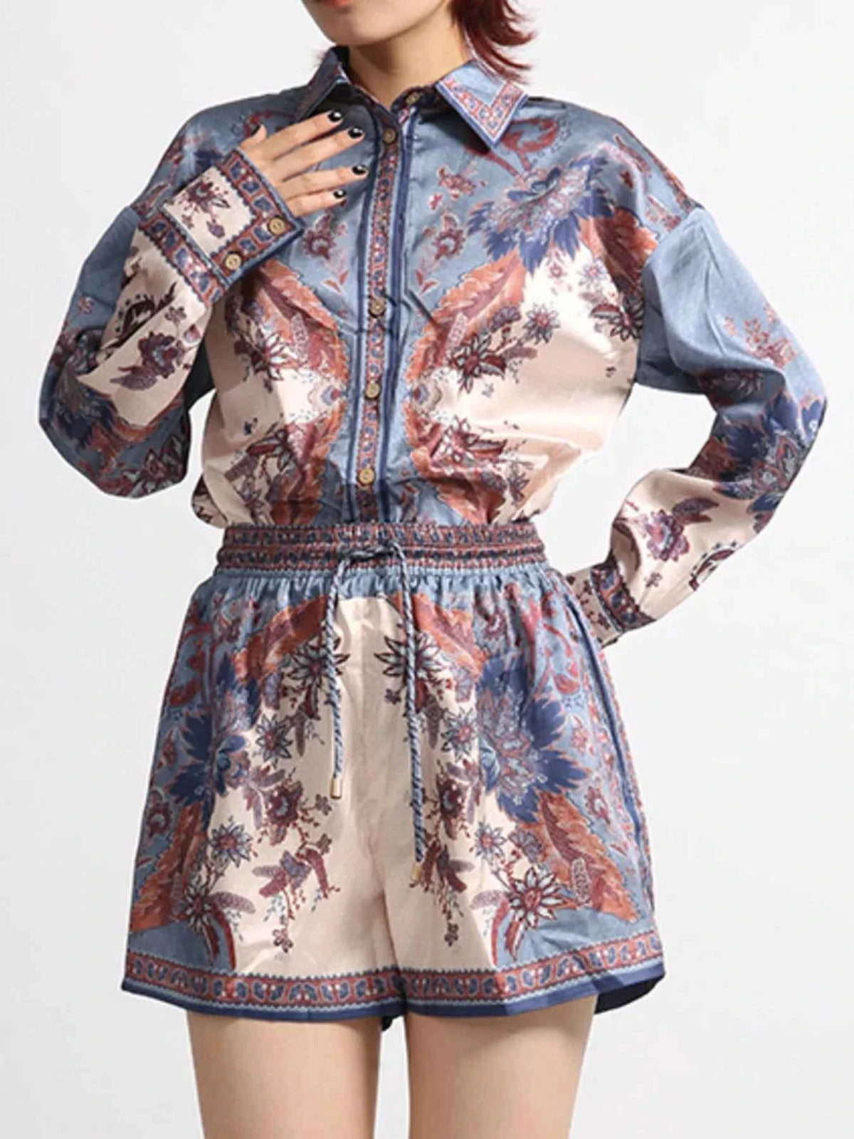 Printed Button Front Long Sleeve Shirt and Shorts Set