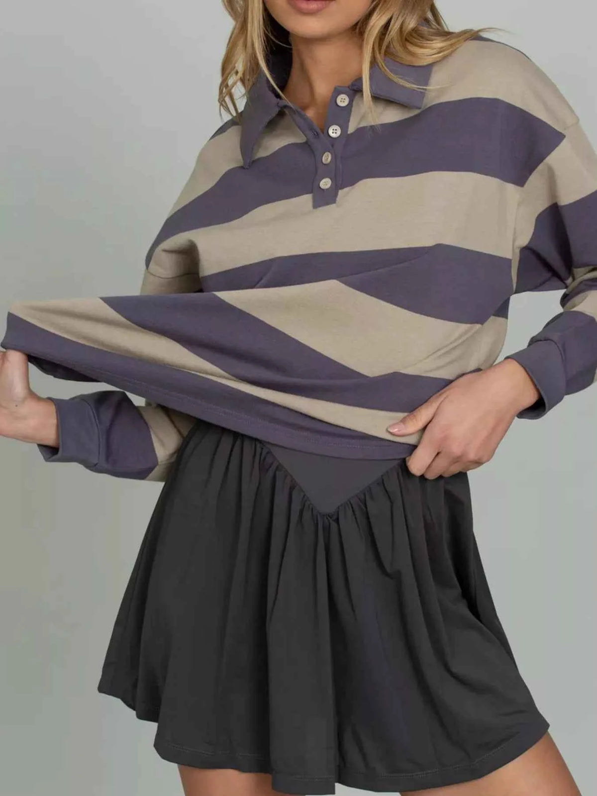Striped Polo Collar Sweatshirt with Button Details — view 4