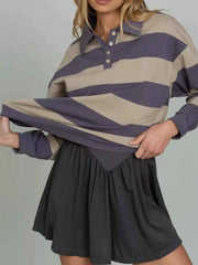 Striped Polo Collar Sweatshirt with Button Details — view 4