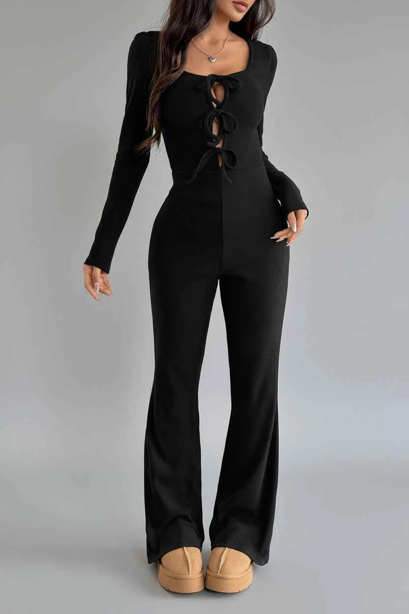 Tie Front Long Sleeve Flare Jumpsuit — view 3
