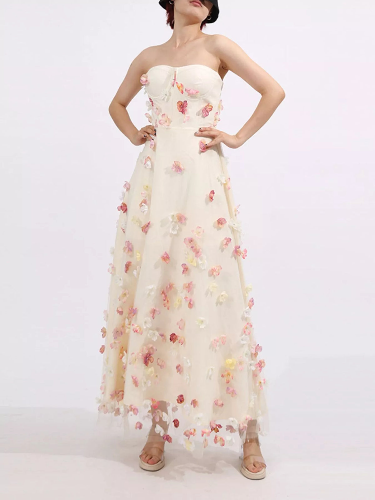 Floral Applique Strapless Tulle Maxi Dress — view 7
