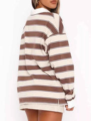 Striped Button Detail Long Sleeve Polo — view 3