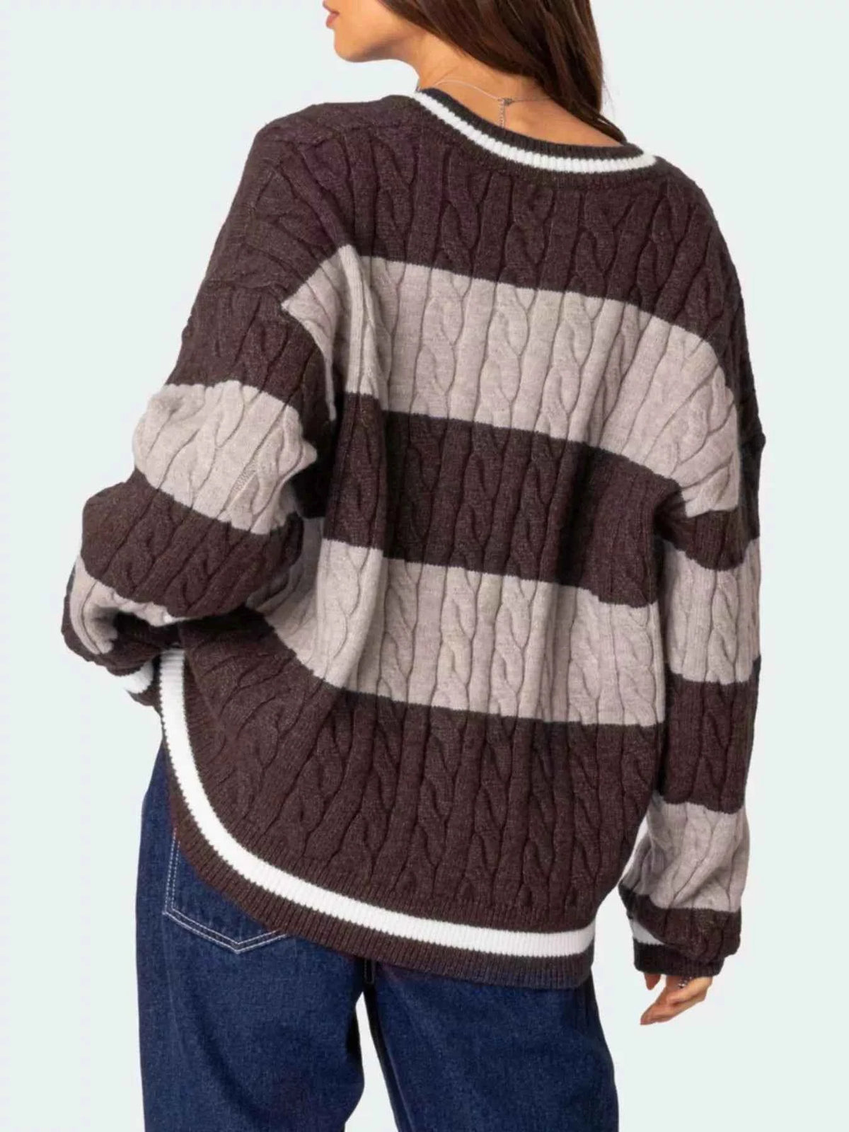 Striped Cable Knit V-Neck Sweater — view 4