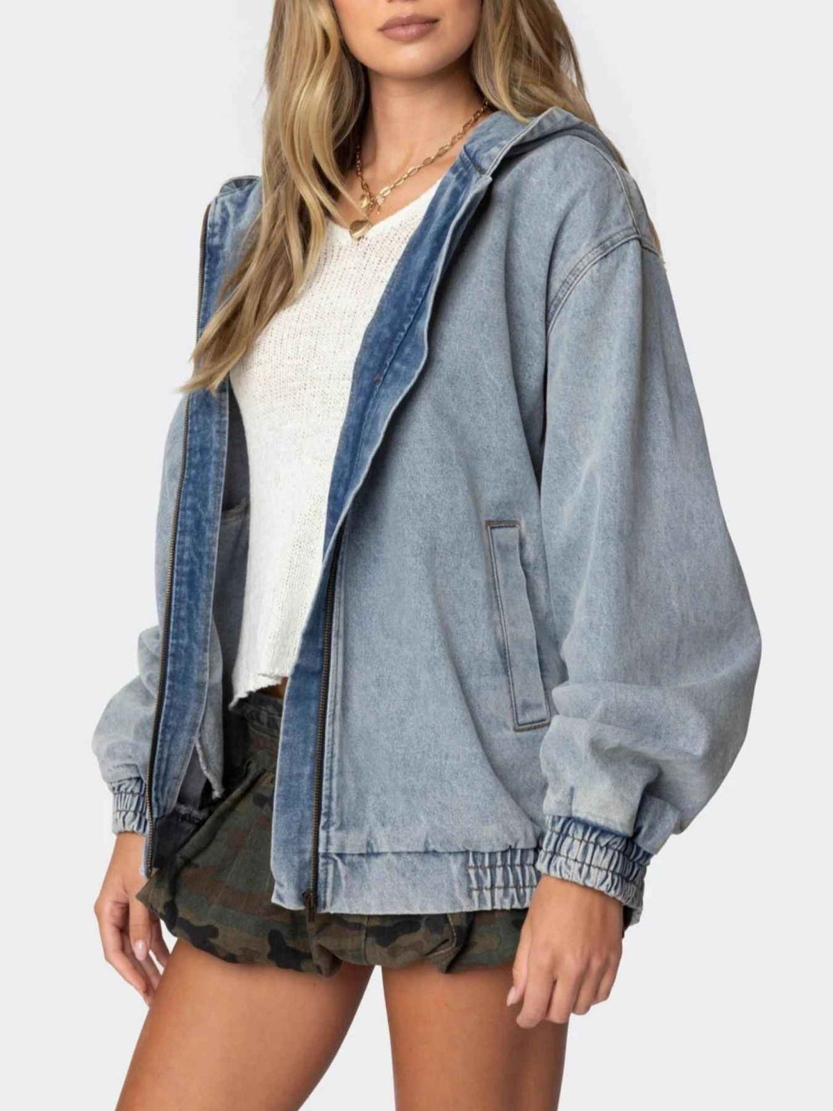 Hooded Oversized Zip Up Denim Jacket — view 2