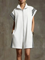 Striped Zip Front Short Sleeve Romper — view 10