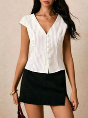 Effortless Elegance: Striped V-Neck Button-Down Shirt for Chic Casual Styles — view 3