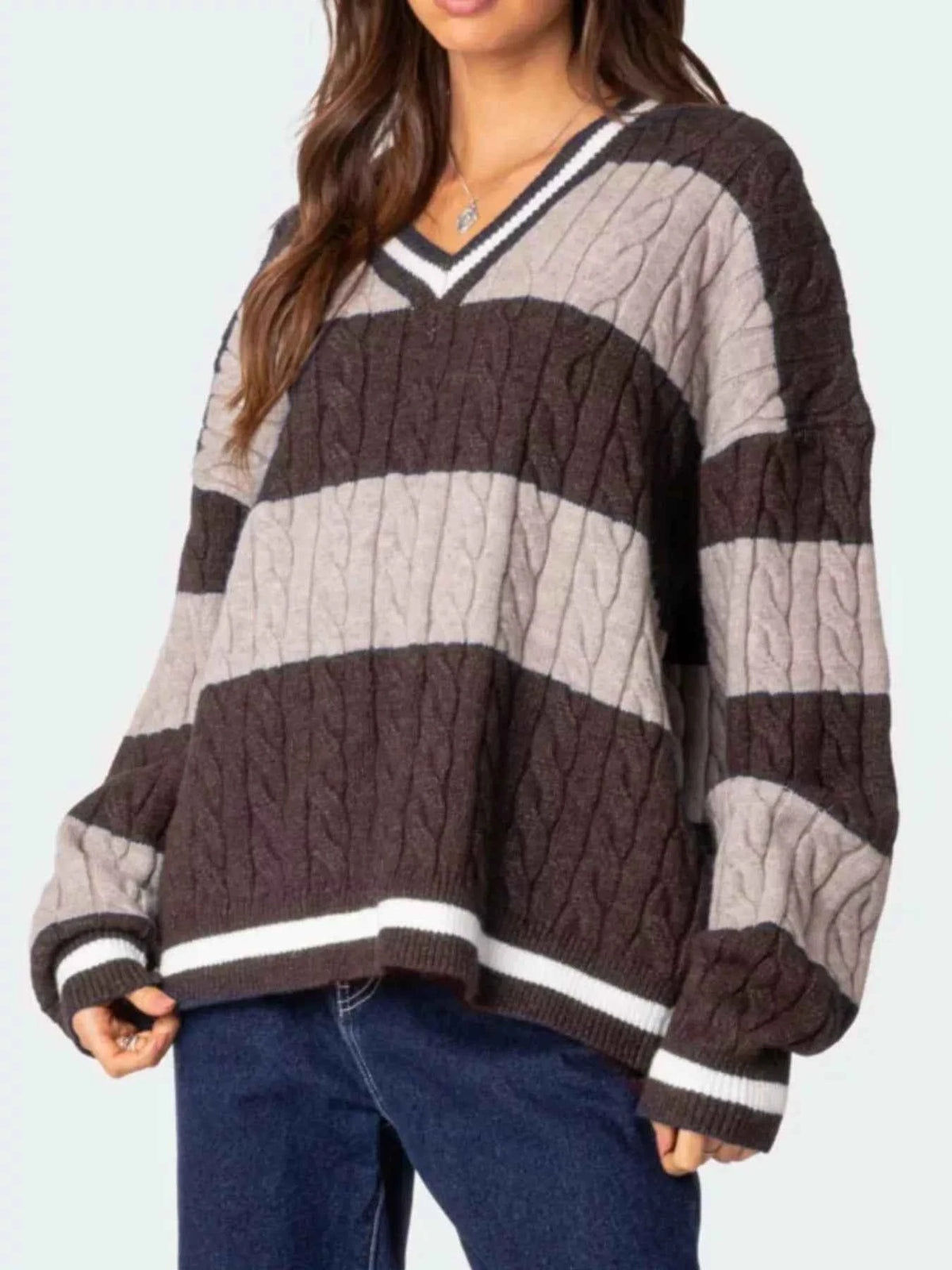 Striped Cable Knit V-Neck Sweater — view 5