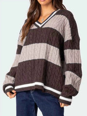 Striped Cable Knit V-Neck Sweater — view 5