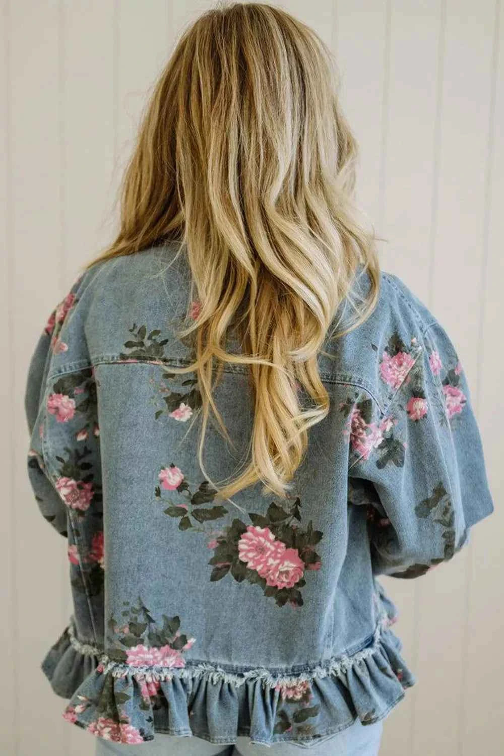 Floral Print Denim Jacket with Ruffled Hem — view 2