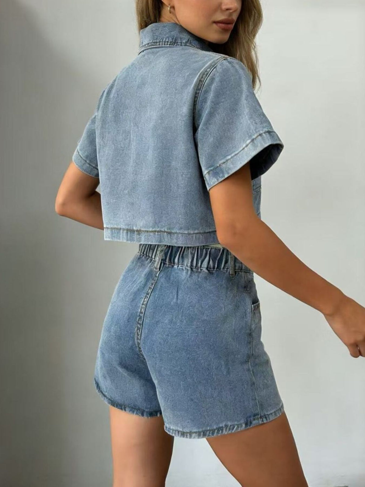 Short Sleeve Cropped Top and Skort Denim Set – Effortless Style — view 5