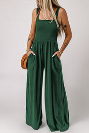 Smocked Square Neck Wide Leg Jumpsuit with Pockets — view 4