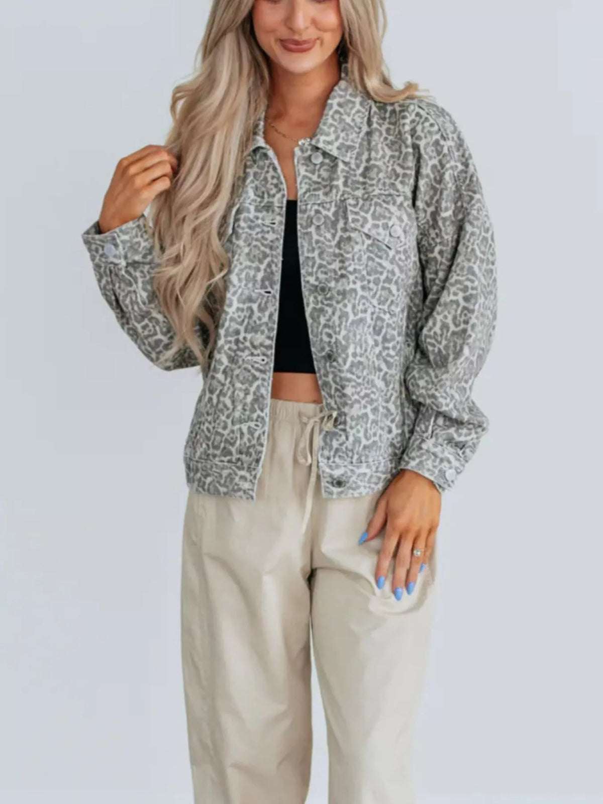 Leopard Button Up Denim Jacket - Stylish & Versatile — view 5