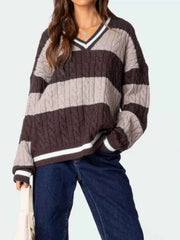 Striped Cable Knit V-Neck Sweater — view 3