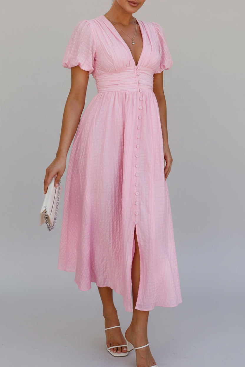 V-Neck Puff Short Sleeve Midi Dress - Effortless Elegance — view 16