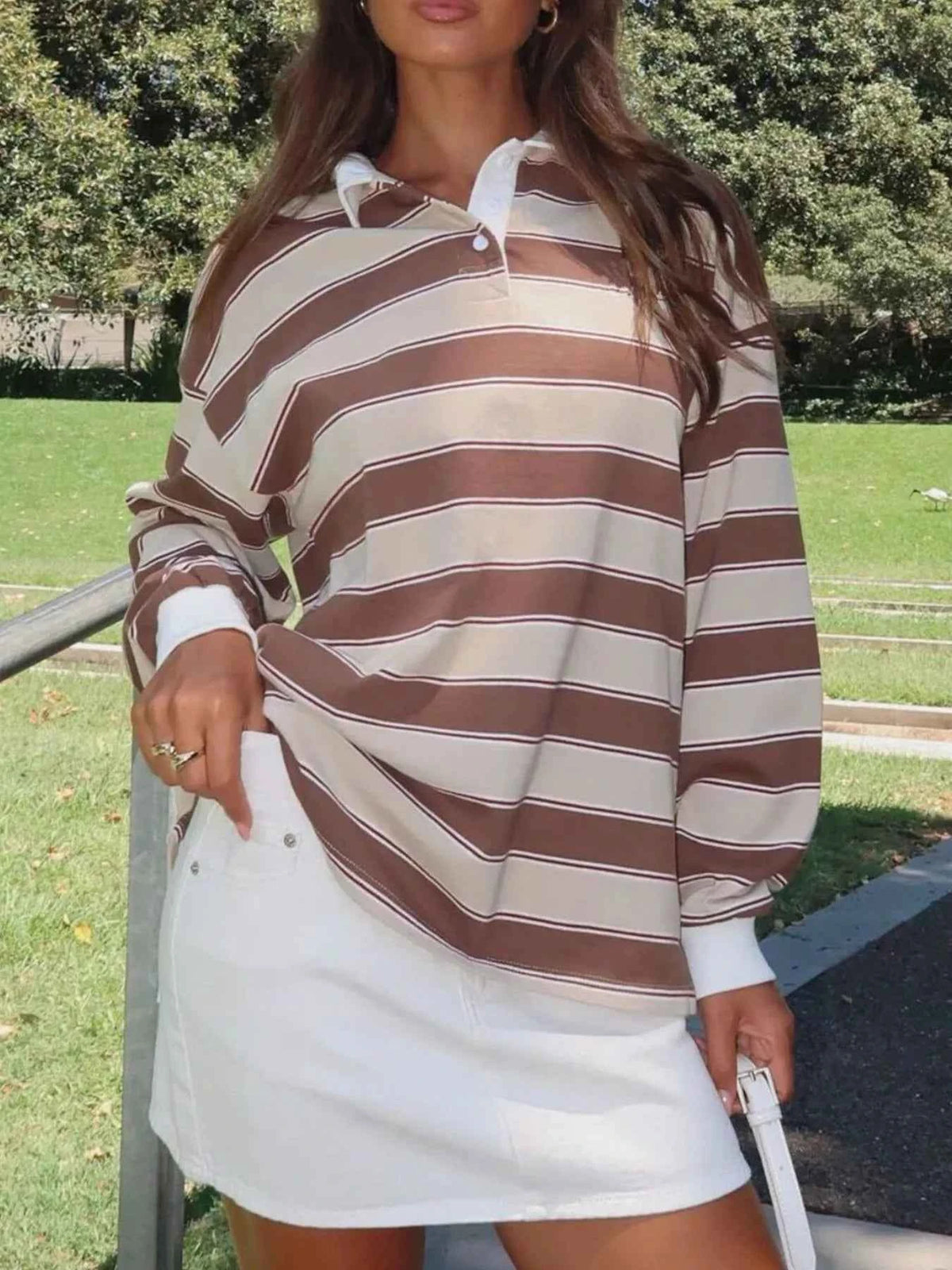 Striped Button Detail Long Sleeve Polo — view 4
