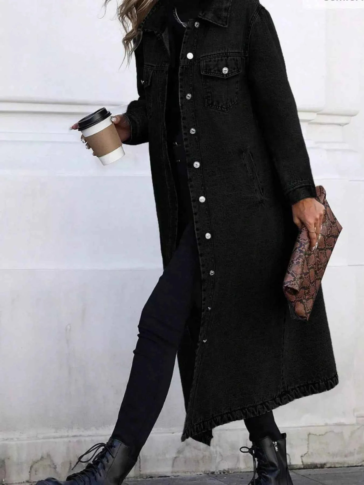 Effortlessly Stylish Longline Button-Front Denim Jacket for Every Occasion — view 12
