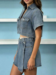 Short Sleeve Cropped Top and Skort Denim Set – Effortless Style — view 2