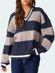 Striped Cable Knit V-Neck Sweater — view 6