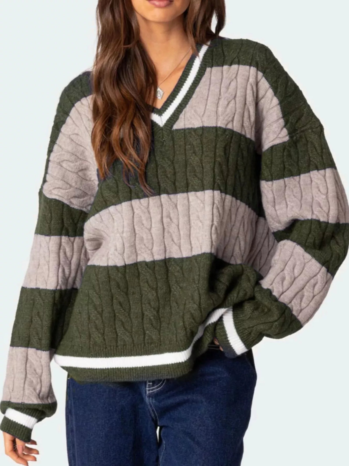 Striped Cable Knit V-Neck Sweater — view 15