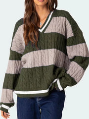 Striped Cable Knit V-Neck Sweater — view 15