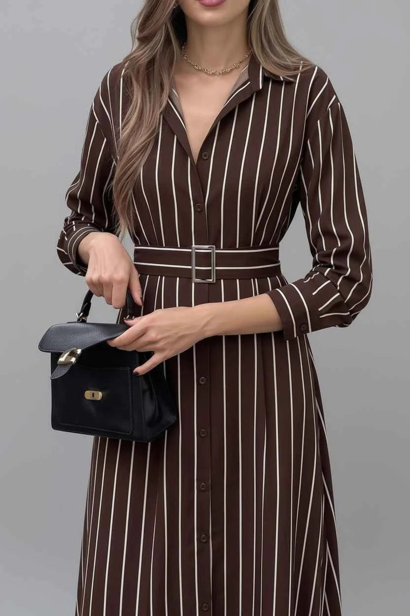 Striped Long Sleeve Belted Shirt Dress — view 3