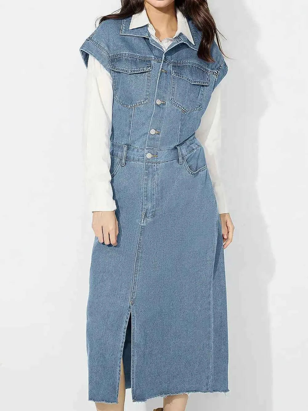 Slit Half Button Collared Neck Cap Sleeve Denim Dress — view 3