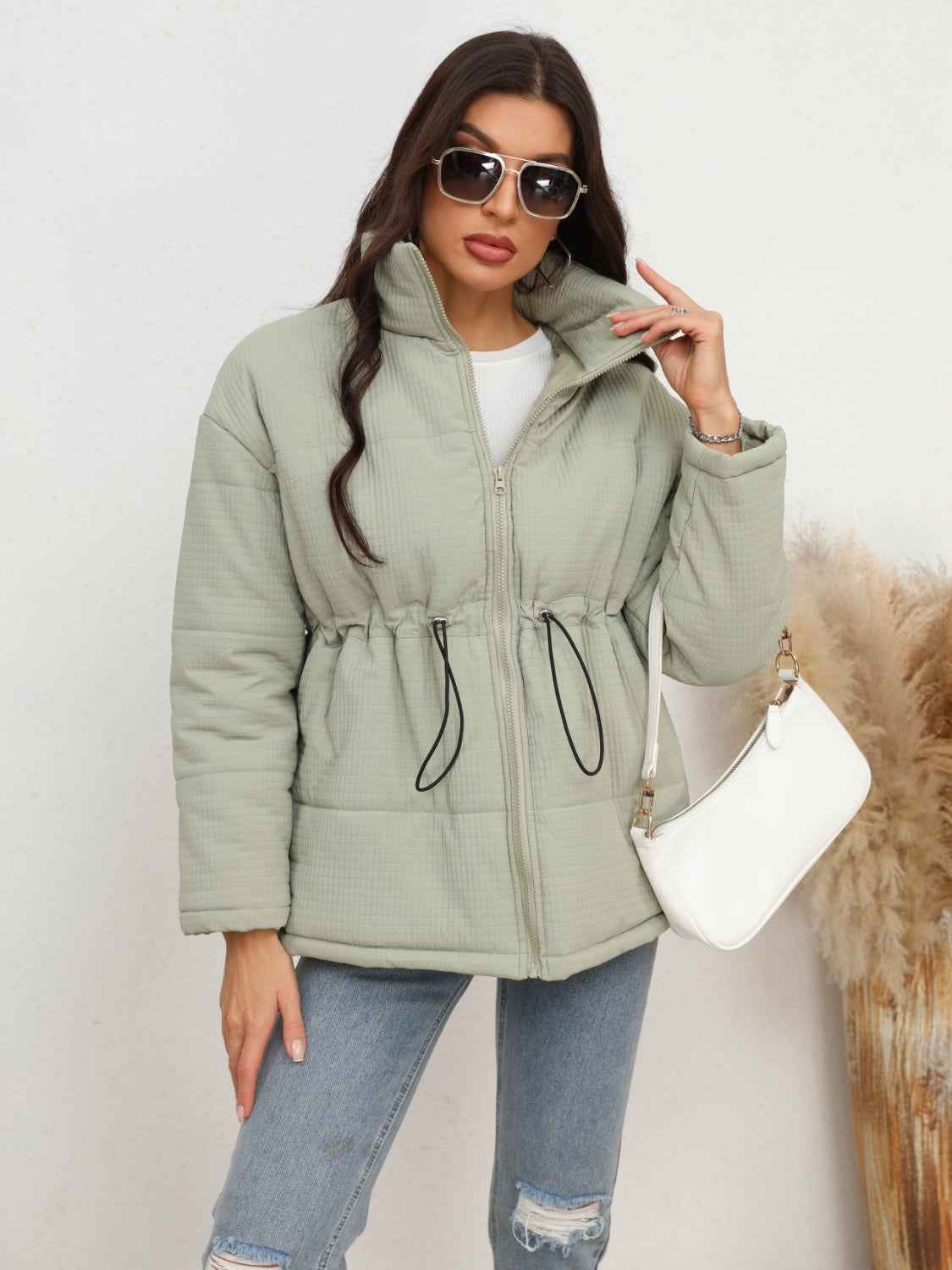 Drawstring Waist Zip-Up Puffer Jacket — view 1