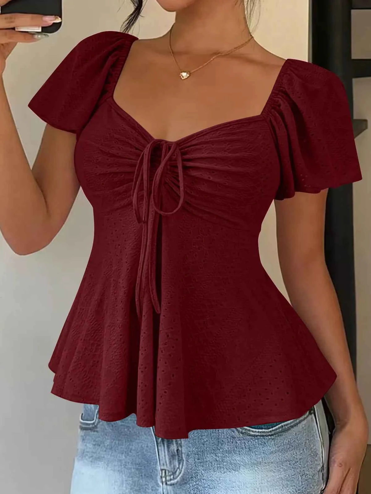 Sweetheart Neck Flutter Sleeve Top - Effortless Elegance Awaits — view 19