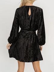 Velvet Round Neck Tie Waist Long Sleeve Mini Dress — view 15