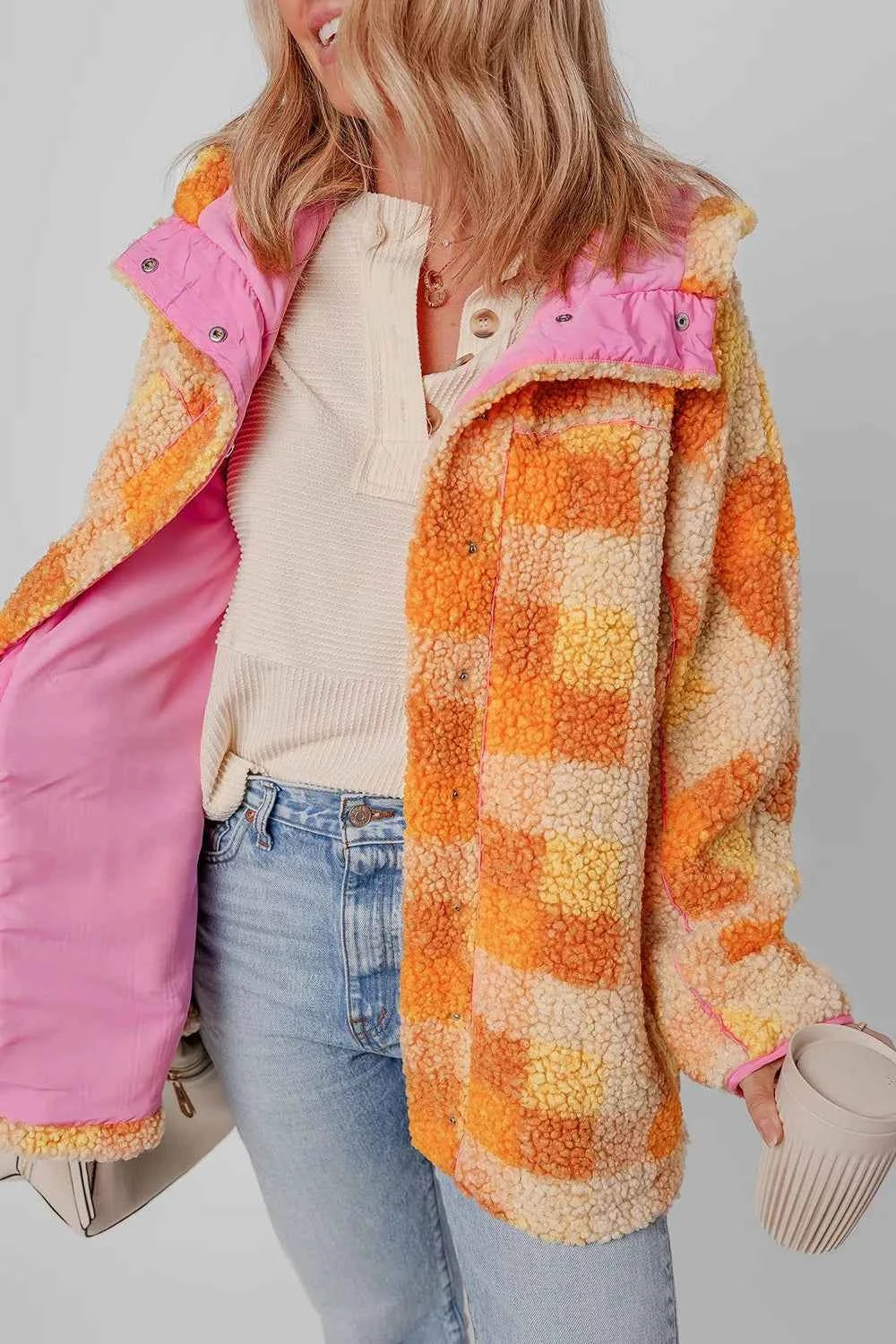 Checkered Long Sleeve Sherpa Hooded Jacket - Cozy & Stylish — view 2
