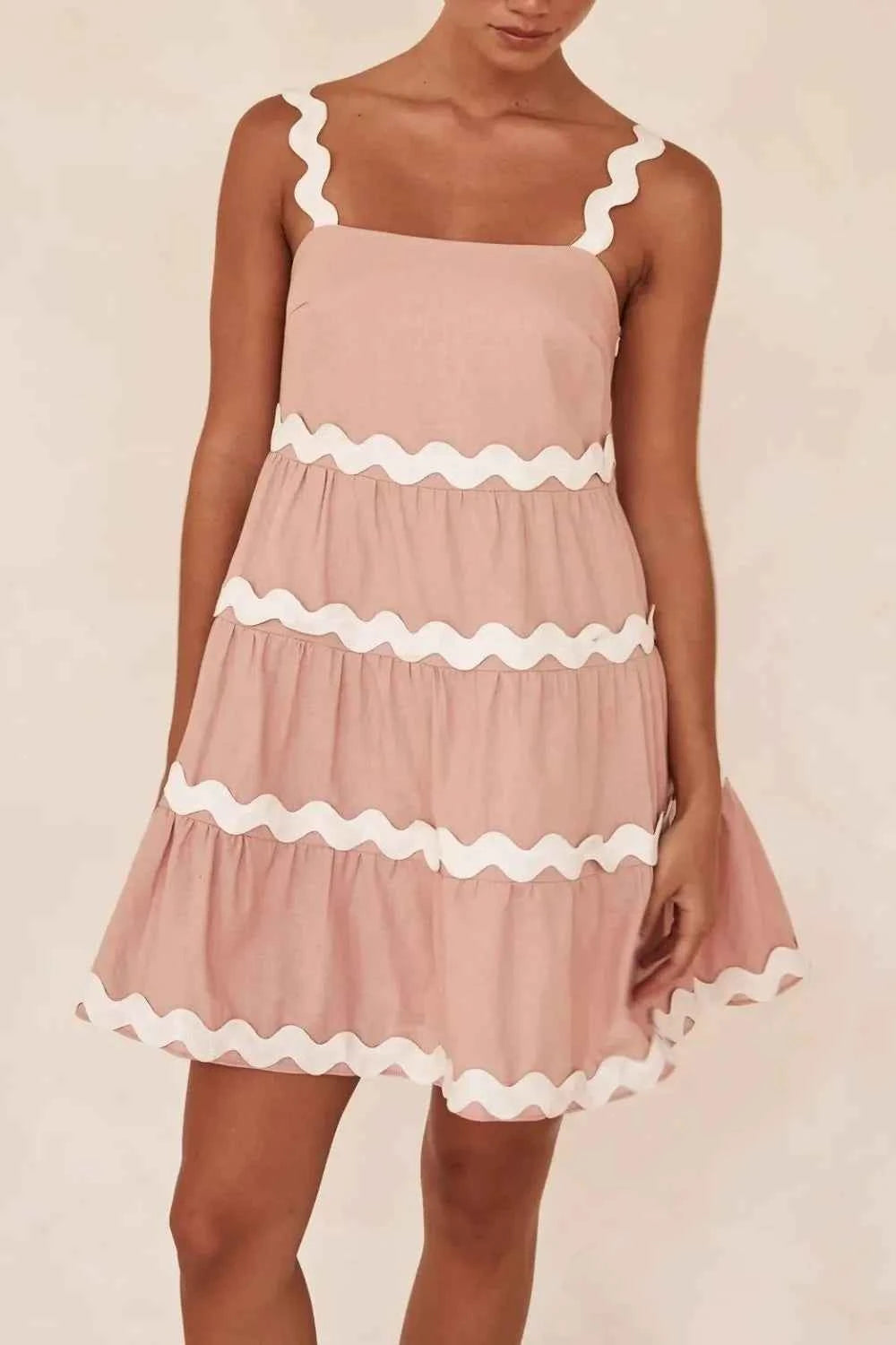 Contrast Trim Square Neck Tiered Dress