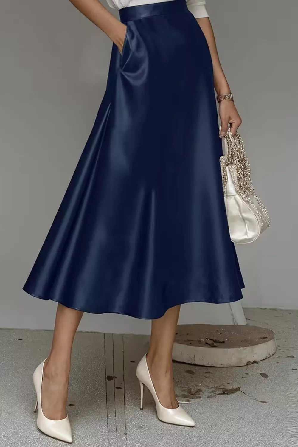 Elegant Satin A-Line Midi Skirt for Effortless Style — view 17