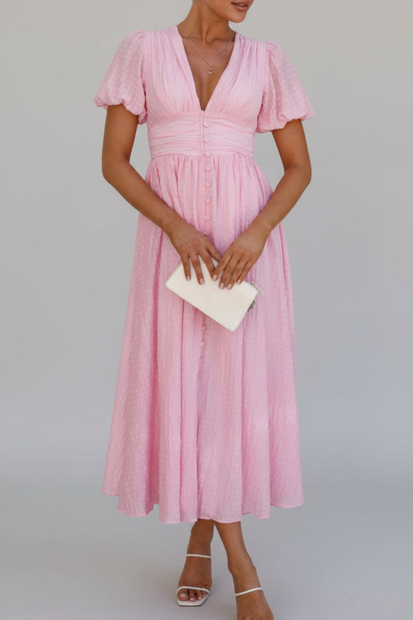 V-Neck Puff Short Sleeve Midi Dress - Effortless Elegance — view 17